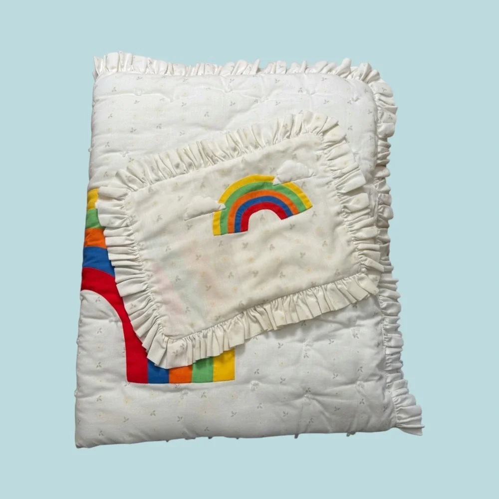 Vintage Rainbow & Clouds Ruffled Baby Quilt & Pillow Case Embroidered Nursery